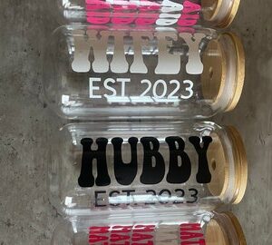 Bride Beer Can Glass Cup w/ Lid and Straw | Disco Groovy Bachelorette Cups | Wedding Party Favors | Bridesmaid Gifts | Retro font glass cup