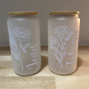 Frosted birth flower glass tumbler | 16oz glass coffee tumbler | Bridesmaid gift | Personalized cup