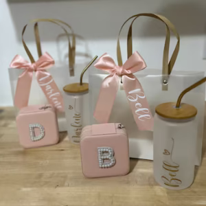 Bridesmaid proposal 3pc gift bag set includes personalized jewelry box and frosted glass cup