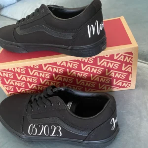 Custom monogrammed wedding vans | groom tie sneakers | groom wedding vans | black wedding sneakers | men’s custom sneakers