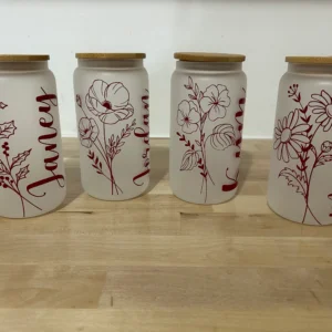 Frosted birth flower glass tumbler | 16oz glass coffee tumbler | Bridesmaid gift | Personalized cup