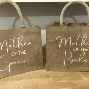 Large jute tote with title and initials - DIY bridesmaid proposal gift - Custom Mother of the bride burlap bags