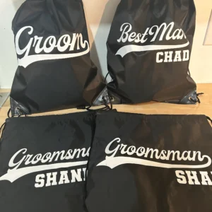 Groomsman drawstring backpack with names , Academic Sports logo, Bachelor party gift bag