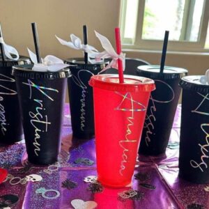 24oz glitter tumbler with name/title for bachelorette parties, Bridesmaid gift idea, Matching cups for bachelorette parties