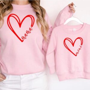 Mama and mini matching Valentine’s Day crewneck sweatshirts, custom kids sweatshirt, Valentine’s Day heart design