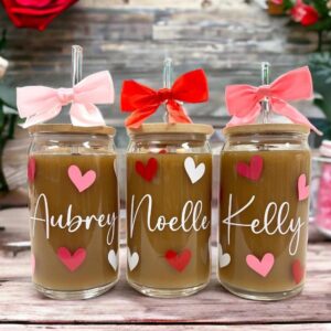 Custom Valentine’s Day glass tumbler with name, Teacher gift idea, 16oz Glass coffee cup with lid and straw